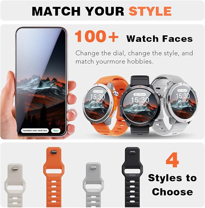 GPS Smart Watch for Men, 1.43'' AMOLED Smartwatch with Compass/Barometer/Altimeter, Heart Rate/Sleep Monitor, 30M Waterproof, 60+ Sports Fitness Tracker for Android/iOS, Black & Orange (2 Bands)