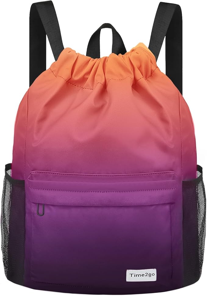 Drawstring Backpack Sports Gym Sackpack with Mesh Pockets Water-Resistant String Cinch Beach Bag for Men Women(Orange Purple)