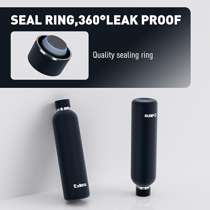 Slim Insulated Water Bottles for Travel 32oz with Clip, Double Wall Vacuum Stainless Steel Water Bottle Keeps Drinks Cold 24 Hrs/Hot 12 Hrs, 100% Leakproof, BPA Free (Black)