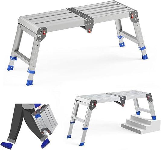 Folding Work Platform for Adults, Aluminum Foldable Step Stool Adjustable Height, Lightweight and Durable Portable Outdoor Aluminum Step Ladder, Maximum Load Capacity of 500 Pounds.