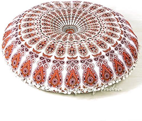 Eyes of India - Mandala Floor Pillow Cover Meditation Cushion Seating Throw Hippie Round Colorful Decorative Bohemian Indian Pouf Ottoman Handmade Cover ONLY (N1 Orange, 32" x 32")