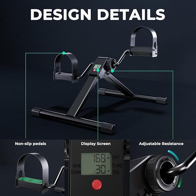 Folding Pedal Exerciser Under Desk Bike, Mini Exercise Bike for Arm/Leg Workout, Under Desk Cycle with Adjustable Resistance, Foot Exercise Machine with LCD Monitor