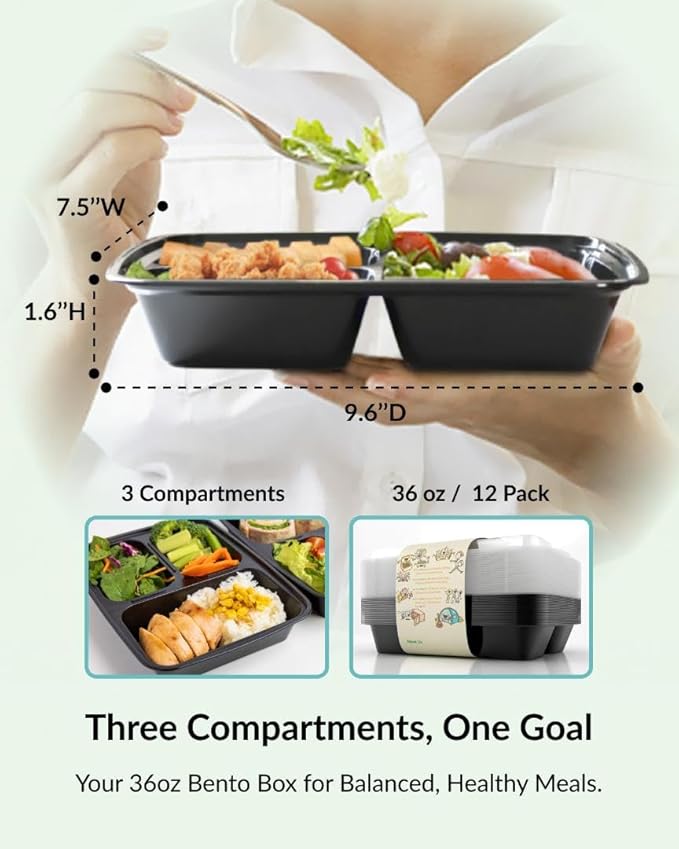 Enther Meal Prep Containers [12 Pack] 3 Compartment with Lids, Food Storage Bento Box | BPA Free | Stackable | Reusable Lunch Boxes, Microwave/Dishwasher/Freezer Safe,Portion Control (36 oz)