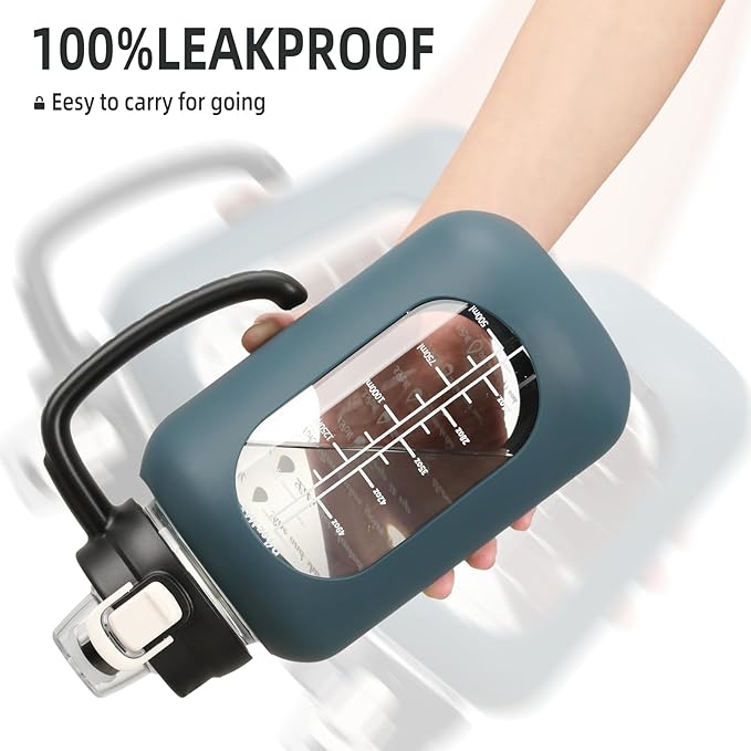 64 oz Glass Water Bottle with Straw and Handle Half Gallon Water Jug with Silicone Sleeve Large Water Bottle for Office, Gym, Outdoor Sports