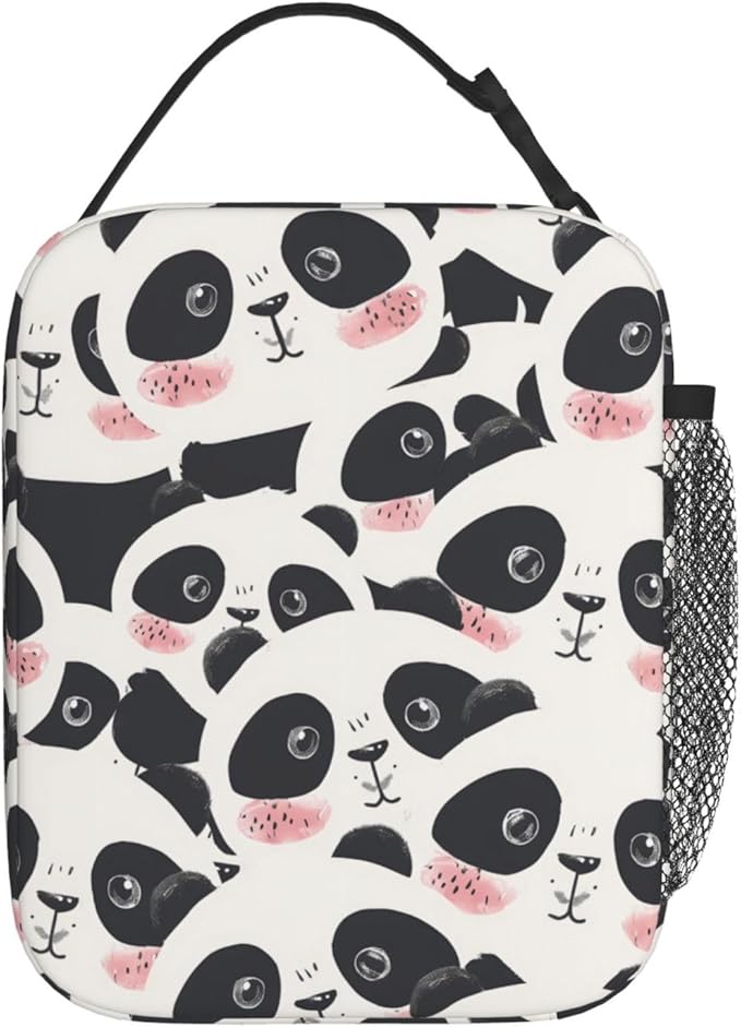 Cute Panda Face Lunch Box for Kids Adults, Tote Bag with Adorable Black and White Animal Print, Insulated Lunchbox Gifts, Reusable Cooler Lunchboxes for Office, School, Picnic, Travel