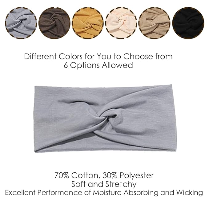 6 Pack Wide Boho Headbands for Women - Soft Yoga Elastic Hair Bands for Girls Workout Running Sport Headwrap Non-slip Breathable (Solid)