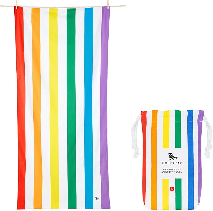 Dock & Bay Beach Towel - Quick Dry, Sand Free - Compact, Lightweight - 100% Recycled - Includes Bag - Rainbow Shores - Set of 6 - Large (160x90cm, 63x35)