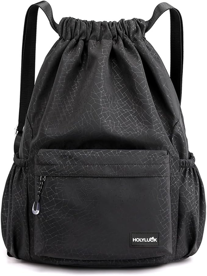 HOLYLUCK Drawstring Backpack Sports Gym Bag Water Resistant String Bag Cinch Sackpack with Side Zipper Pocket for Shopping Sport Yoga -black