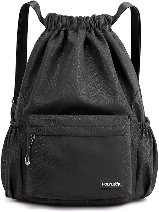 HOLYLUCK Drawstring Backpack Sports Gym Bag Water Resistant String Bag Cinch Sackpack with Side Zipper Pocket for Shopping Sport Yoga -black