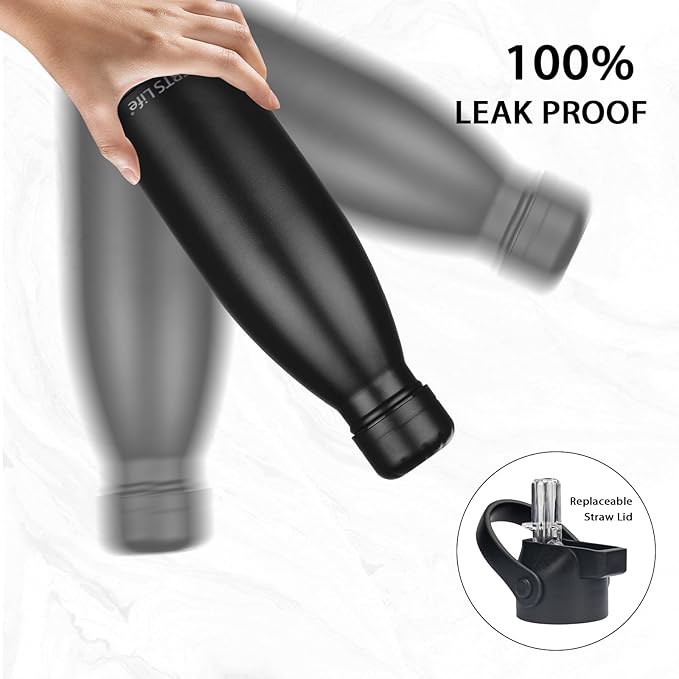 Insulated Water Bottle,2 Pack-12oz Stainless Steel Water Bottles with straw lid,Metal Sports Water Bottles for Boys,Girls,Double Wall Vacuum BPA-Free Flask for School, Sports (Black-Sliver)