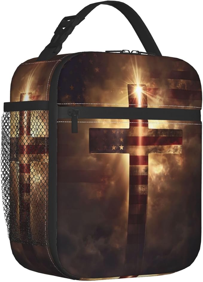 Insulated Lunch Box for Women Men, American Flag Cross Lunch Box Reusable Portable Lunch Bag Cooler Tote Waterproof Lunch Container for Office Picnic Work Travel Hiking