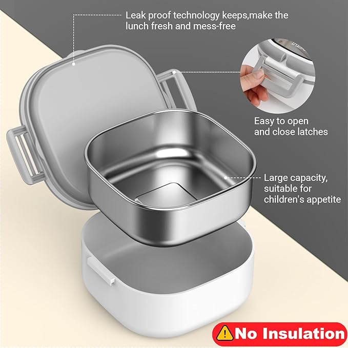 Single-Layer Bento Lunch Box for Kids & Adults with Removable Stainless Steel Lunch Container,Dressing Container,BPA-Free,Dishwasher Safe - Includes Utensil(White,Not Insulated)