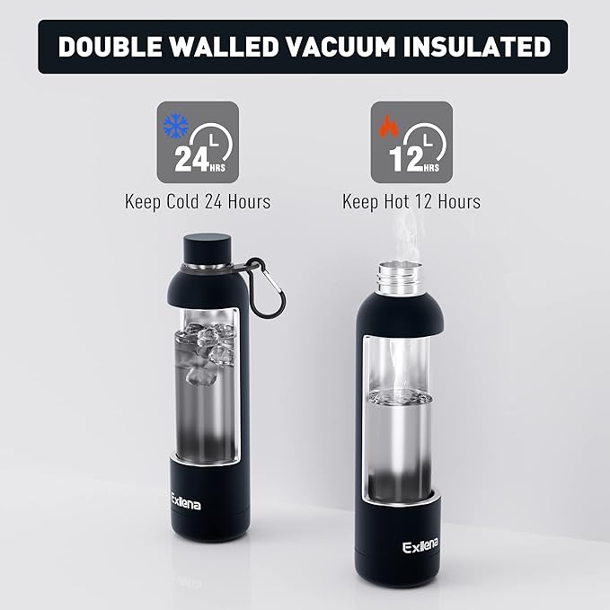 Slim Insulated Water Bottles for Travel 25oz with Clip, Double Wall Vacuum Stainless Steel Water Bottle Keeps Drinks Cold 24 Hrs/Hot 12 Hrs, 100% Leakproof, BPA Free(Black)