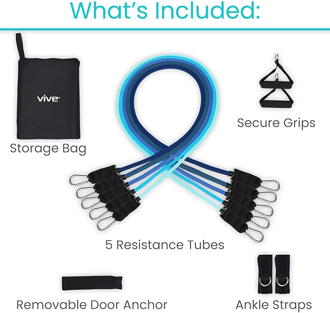 Vive Resistance Bands with Handles (11 Pcs) - Tube Rehab Band Set - Shoulder Pulley Door Anchor - 2 to 70 LBs Tension - Home Workout Elastic Fitness Equipment - Men, Women Training Therapy