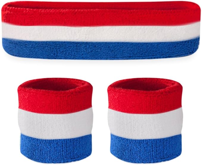 Suddora Striped Sweatband Set, Moisture Wicking 2 Wristbands and 1 Headband, Breathable Athletic Sweat Bands for Sports, Costumes & Cosplay, Matching Bands to Wear with Jersey