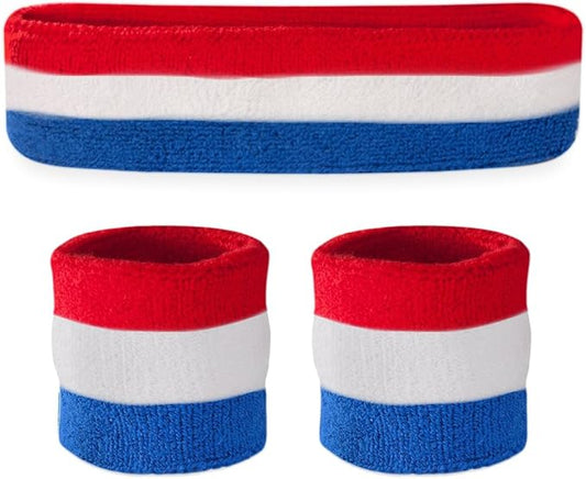 Suddora Striped Sweatband Set, Moisture Wicking 2 Wristbands and 1 Headband, Breathable Athletic Sweat Bands for Sports, Costumes & Cosplay, Matching Bands to Wear with Jersey