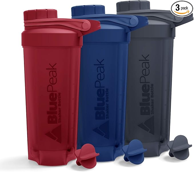 BluePeak Protein Shaker Bottle 28 oz with Twist Cap, Strong Loop Top, BPA Free, Dishwasher Safe, Shaker Balls Included - On-The-Go Large Protein Shakers (3 Pack - Red, Blue, Gray)