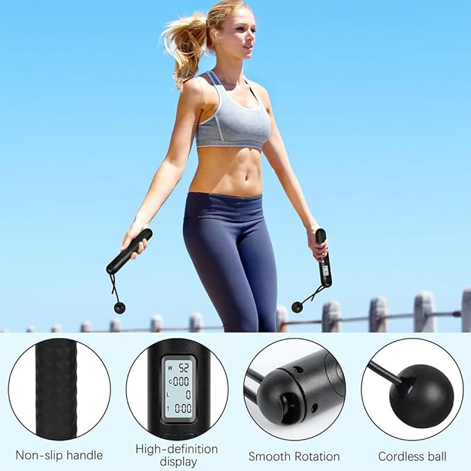 Runaivete Skipping Rope with Counter, Cordless Jump Ropewith LCD Display, Smart Weighted Jump Rope, Displaying Jump Count, Time&Calories Burned Counting Jumprope for Fitness&Lose Weight