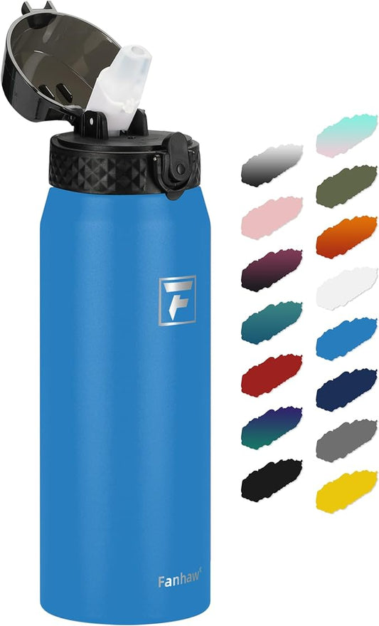 Fanhaw 24 Oz Stainless Steel Insulated Sports Water Bottles with Straw for Kids, Men and Women (Sky Blue)