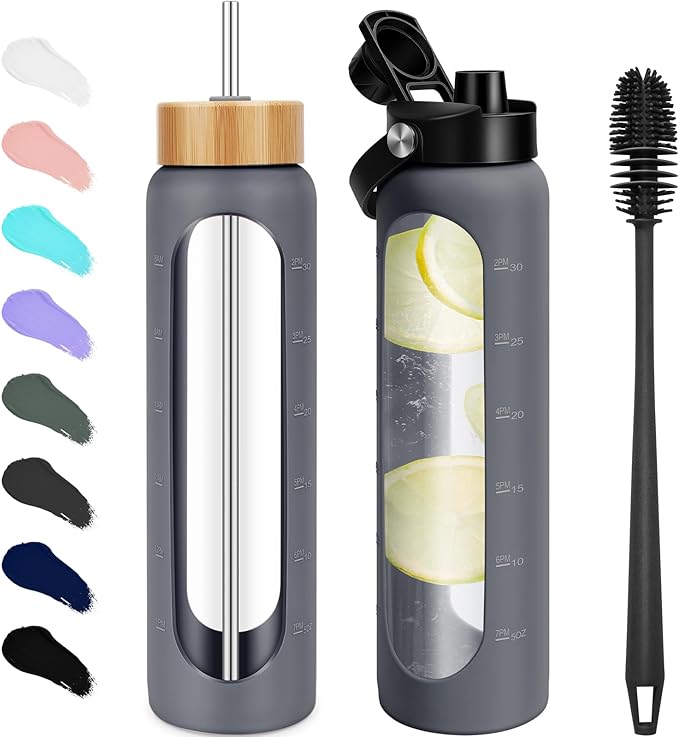 32 oz Glass Water Bottles - 1 Liter Motivational Tumbler Water Bottle Time Marker - Borosilicate Glass Water Bottle With Silicone Sleeve and 2 Lids, Handle Spout & Bamboo Straw Lid