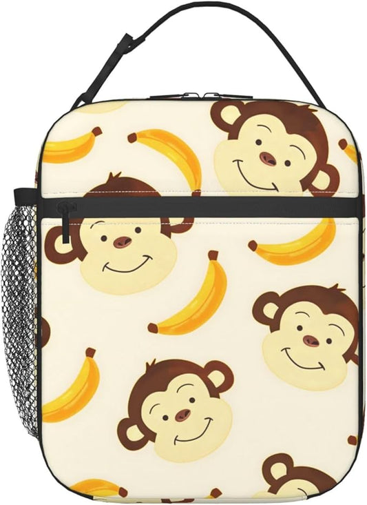 Cute Cartoon Monkey Lunch Box for Women Girls Kids, Insulated Cooler Monkey and Banana Lunch Bag for School, Picnic, Office, Travel, Work, Portable Reusable Polyester Thermal Tote Lunch Bags