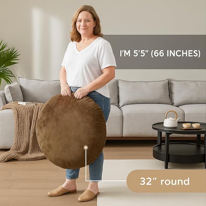 Codi Large Meditation Cushions – Round Floor Pillows for Adults with Removable Washable Cover, Soft and Supportive Floor Cushion for Yoga, Seating and Dog Bed, 32 inch - Coffee