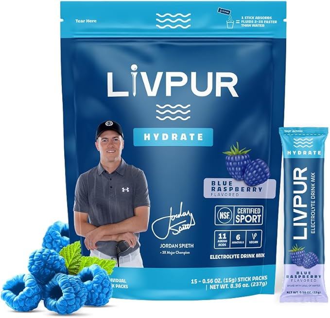 LivPur Electrolyte Drink Mix, Instant Hydration Powder with Vitamin C, B6, B12 & Essential Amino Acids for Muscle Support & Immune Health, Sports Essentials, Blue Raspberry Flavor, 15 Stick Packs