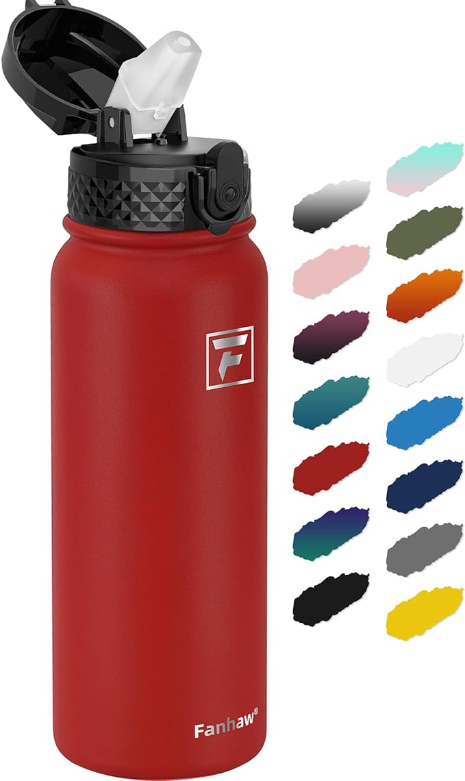 Fanhaw 20 Oz Stainless Steel Insulated Sports Water Bottles with Straw for Kids, Men and Women (Red)