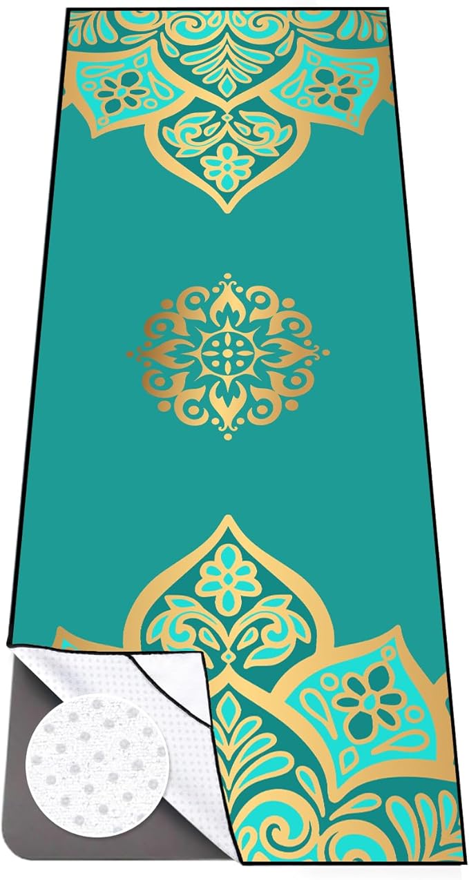 Colorful Star Yoga Towel with Corner Pockets, Non Slip Grip Dots Absorbent Hot Yoga Mat Towels, Yoga Blankets with Travel Bag, Mat Cover for Workout, Gym, Fitness - 70"x26", Turquoise Gold Mandala