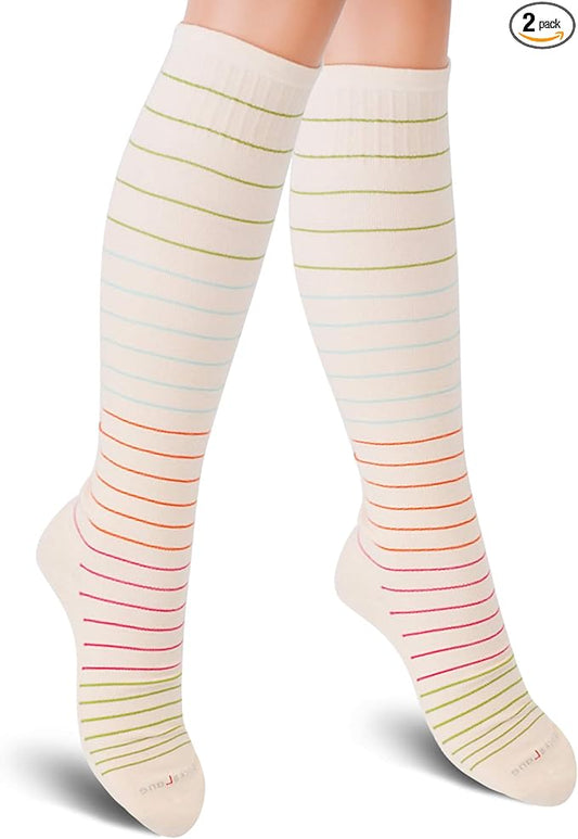 Cotton Compression Socks for Women & Men. 15-20 mmHg Support Knee-High Nude Stripes M/L