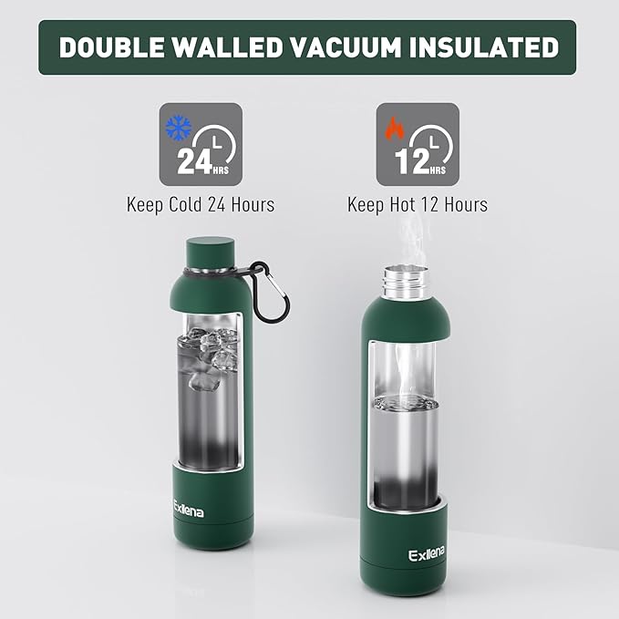 Slim Insulated Water Bottles for Travel 32oz with Clip, Double Wall Vacuum Stainless Steel Water Bottle Keeps Drinks Cold 24 Hrs/Hot 12 Hrs, 100% Leakproof, BPA Free(Emerald Green)