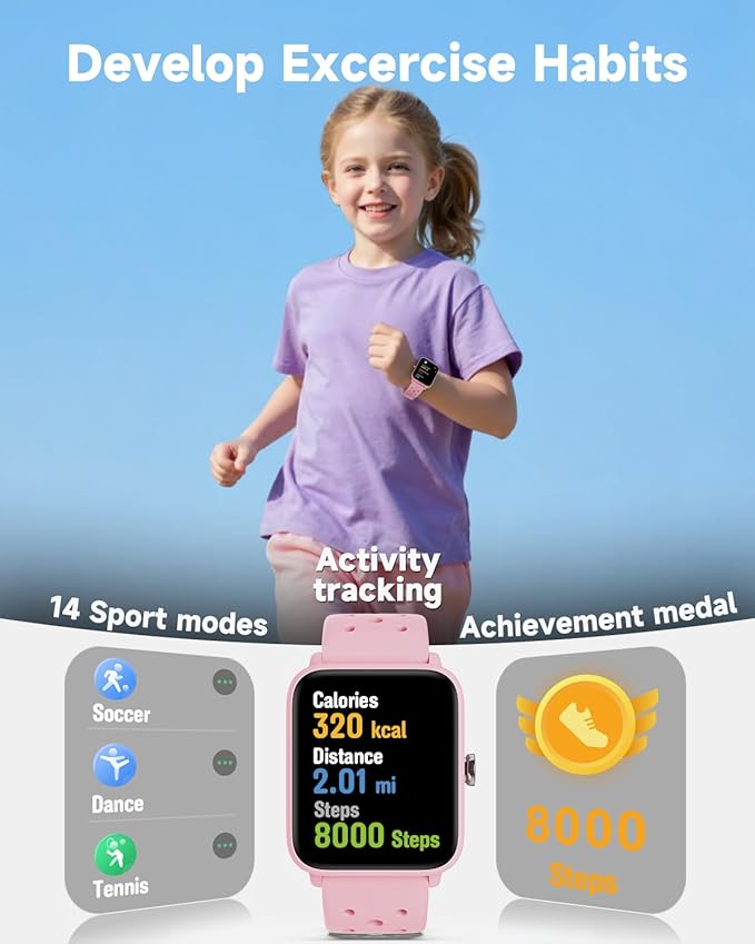 BIGGERFIVE Smart Watch for Kids Without APP, Fitness Tracker Watch Pedometer, Heart Rate, 5ATM Waterproof, Sleep Monitor, Calorie Step Counter, Games, Alarm Clock for Girls 5-14, Porous Pink