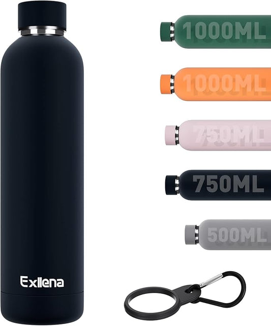 Slim Insulated Water Bottles for Travel 32oz with Clip, Double Wall Vacuum Stainless Steel Water Bottle Keeps Drinks Cold 24 Hrs/Hot 12 Hrs, 100% Leakproof, BPA Free (Black)