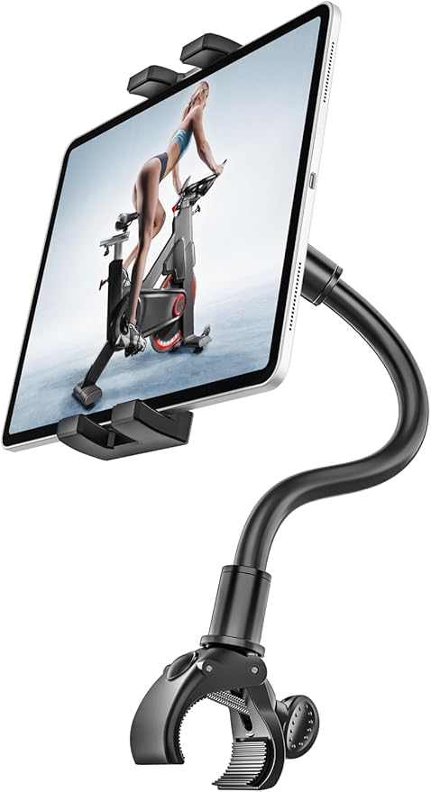 Gooseneck Spin Bike Tablet Holder, Handlebar Clamp Tablet Mount for Stroller, Wheelchair, Indoor Peloton, Treadmill, Stationary Exercise Bicycle, Elliptical, for 4-13" iPad Pro Air Mini, Galaxy, Fire