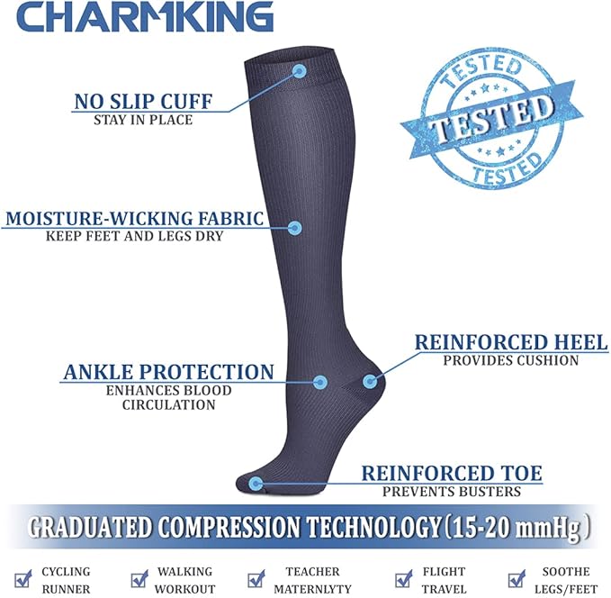 CHARMKING Compression Socks for Women & Men Circulation (8 Pairs) 15-20 mmHg is Best Support for Athletic Running,Hiking
