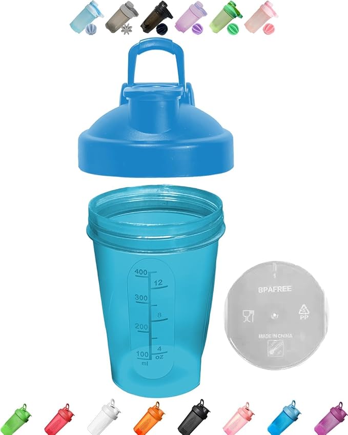 Shaker Bottle A Pure Pacific Blue 12Oz 400ml Made of PP5 | Small, Measurement Marks, Stainless Whisk Blender Mixer Ball, BPA Free, -4~248 Ã‚°F, Perfect for Nutrition, Protein, Keto, Juice Powder Shaking