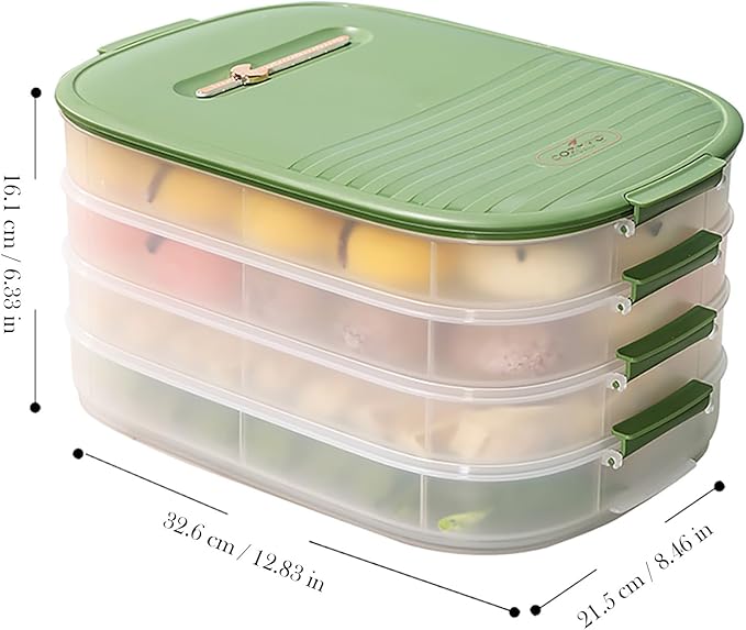 4-Layer Dumpling Storage Container – Freezer Organizer with Smart Timer, Good Sealing, Stackable Food Containers, Anti-Stick Base & Clip Lid (Green Lid & Transparent Box)