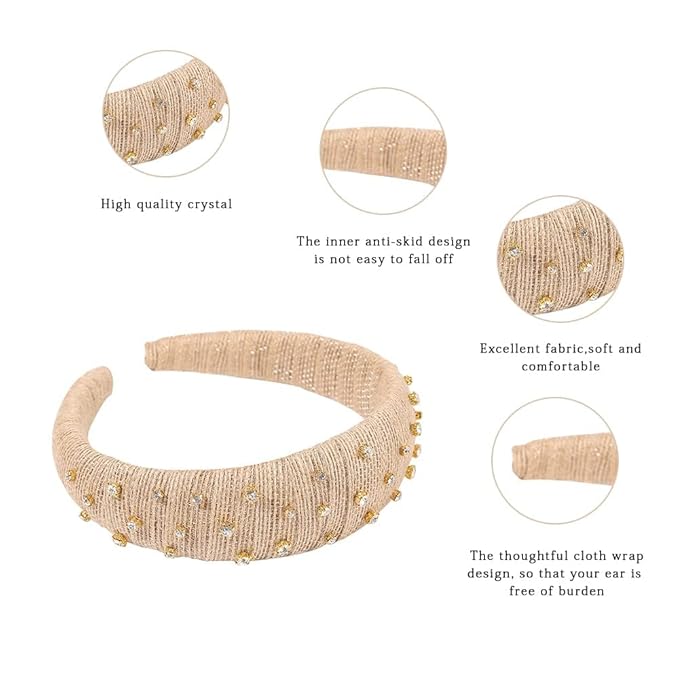 Madison Tyler Headbands for Women | Fashion Boho Headbands Top Knotted With Rhinestones Elastic Workout Hairbands | Outdoor and Party Headbands for Women Non Slip (linen color with rhinestones)
