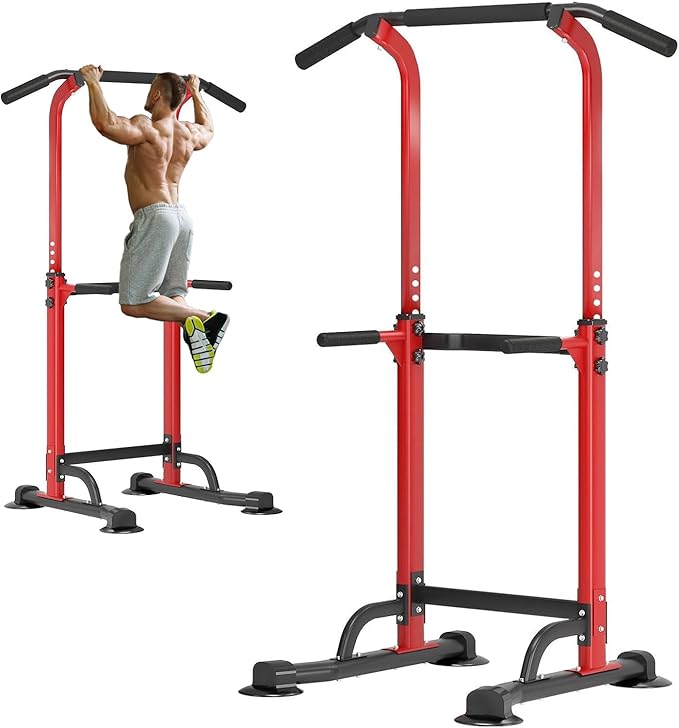soges Power Tower Pull Up Bar Station, Free Standing Pull Up Rack Dip Station for Home Gym, Height Adjustable Home Strength Training Fitness Workout Equipment