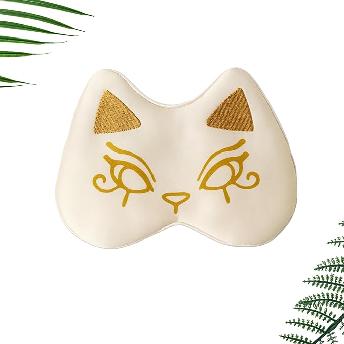 Silk Sleep Mask Blindfold Eye Mask for Sleep Cute Cat Print Embroidered Eye Cover Adjustable Oversized Egyptian Bastet with Gift Box&Pouch（Isis Ivory-Adjustable Strap）