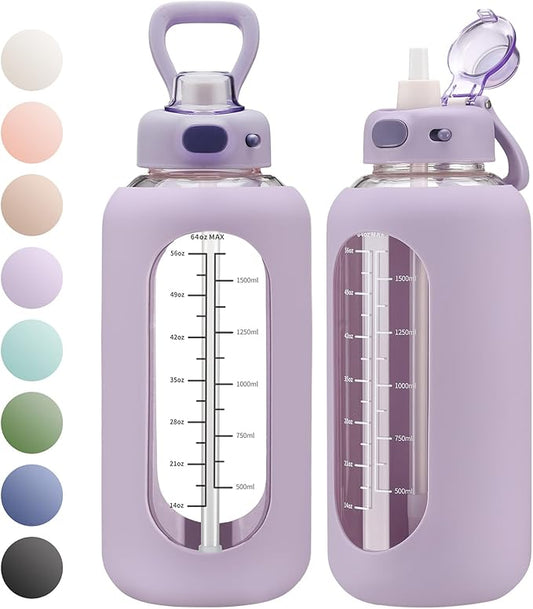 SIEROZUR 64 oz Glass Water Bottle with Straw and Handle Large Sports Motivational Water Bottle Flask with Time Marker Leakproof Water Jug with Silicone Sleeve for Gym