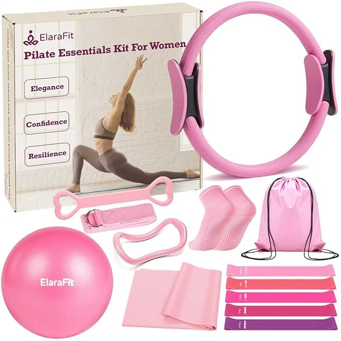 Home Pilates Kit for Women Pilates Equipment Ring and Ball Set Magic Circle Hoop with 5 Resistance Bands Compact Toning Fitness Essentials Starter Set Accessories