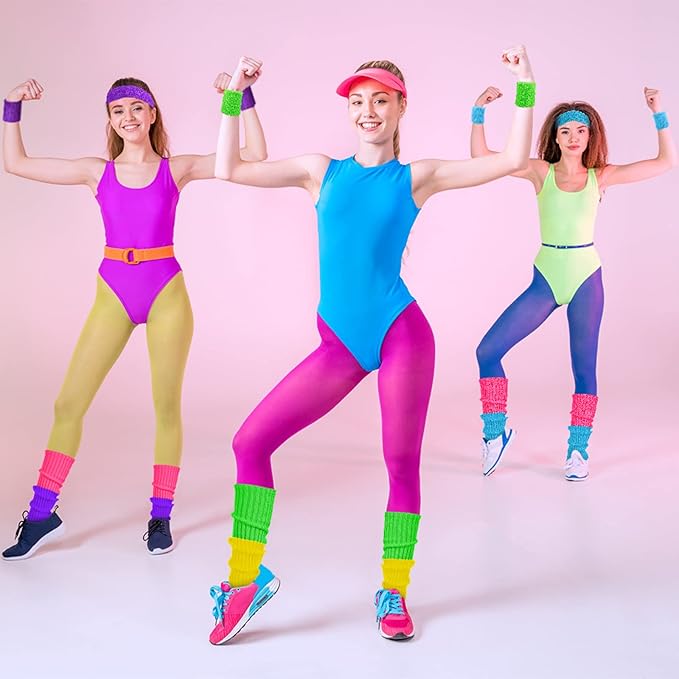 Haysandy 4 Sets 80s 90s Leg Warmers Set for Women Costume Neon Headband Rainbow Wristbands for Sport Yoga Workout Clothes