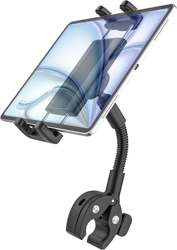 Gooseneck Tablet Holder for Bike, Motorcycle, Wheelchair, Treadmill, Exercise Bicycle, Scooter, Stroller, Handlebar Tablet Mount for iPad Pro, Air, Mini, Galaxy Tabs, 4.7-12.9" Tablet & Phone