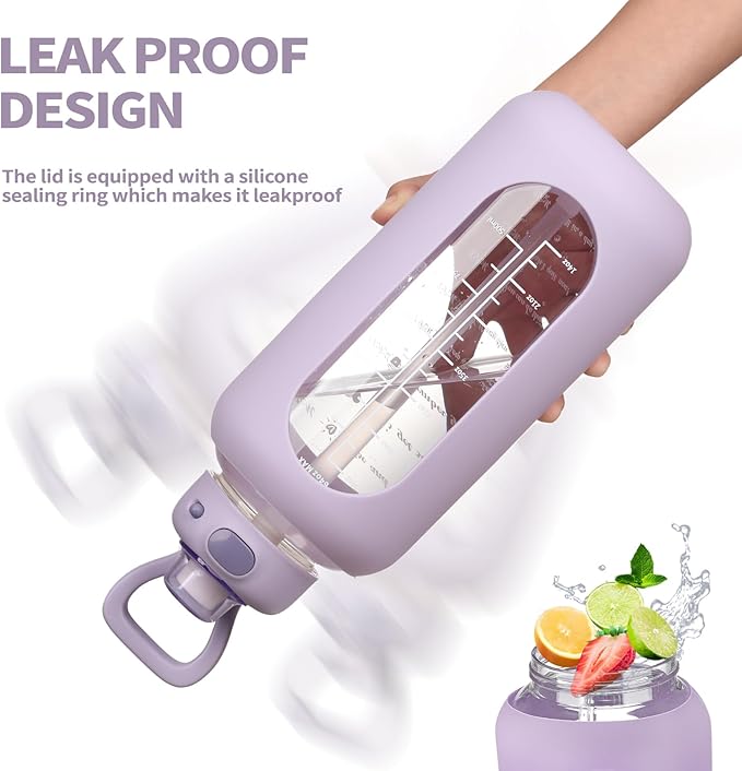 SIEROZUR 42 oz Glass Water Bottle with Straw and Handle, Large Sports Motivational Water Bottle Flask with Time Marker Leakproof Water Jug with Silicone Sleeve for Gym