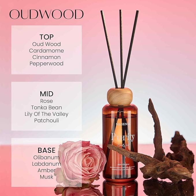 M&SENSE Oud Wood Scent Reed Diffuser | 6.3 fl oz Natural Essential Oil Diffuser with Sticks, Non-Toxic Housewarming Aromatherapy Diffuser Gift for Bathroom & Shelf Decor
