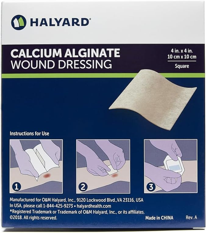 HALYARD Calcium Alginate Wound Dressing, Gentle Adhesive with Highly Absorbent Conformable Design, Maintains Structural Integrity 4 Inch x 4 Inch (Box of 10)