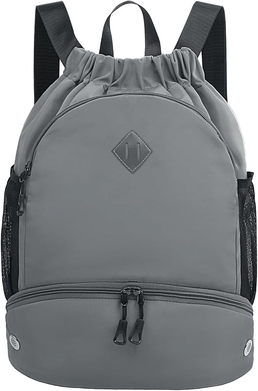 Drawstring Backpack Gym Backpack with Shoe Compartment for Men Women String Sports Bag with Wet Pocket Cinch Swim Beach Bag, Gray (Patent Pending)