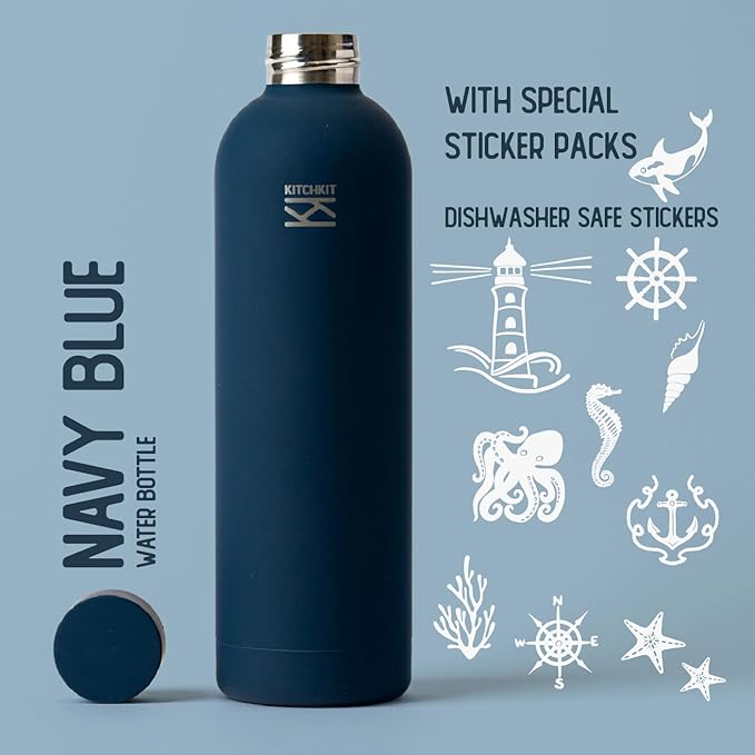 Insulated Stainless Steel Water Bottle 25oz/750ml Vacuum Flask, Leak-Proof Lid, Hot & Cold Retention, Minimalist White Design, Reusable Eco Bottle (Navy Blue)
