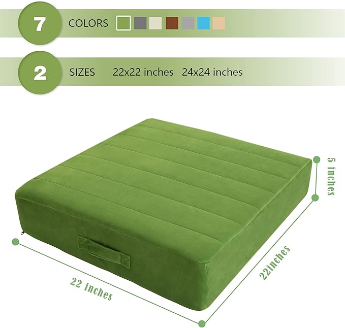 MeMoreCool Square Floor Pillow Seating for Adults Kids, Large Meditation Cushion Floor Pillow with Thick Foam & Soft Tufted Cover, Washable Big Pillow Seat Floor Cushion for Sitting Yoga 22" Green